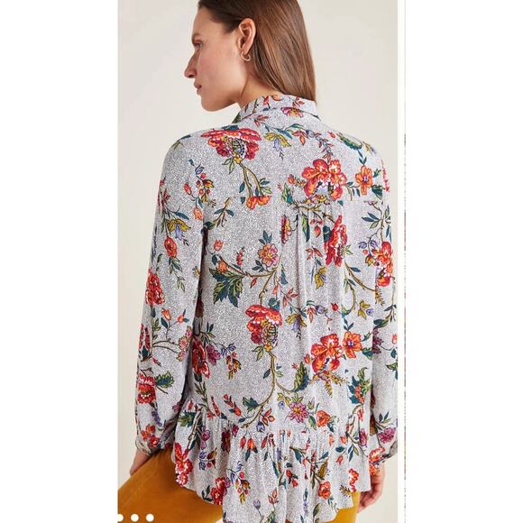 Anthropologie Maeve Janie Blouse Size 2 Peplum Flounced Tie Peasant Floral Boho - Picture 2 of 13